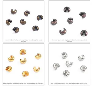 Detailoverzicht van 4mm en 5mm ijzeren knijpkralen in goud, zilver, brons en rood koper finish