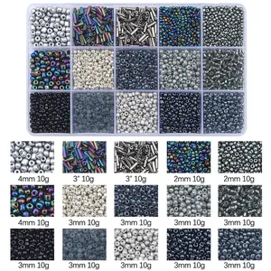 15-compartment DIY jewelry kit with glass seed beads and bugle beads in mixed colors