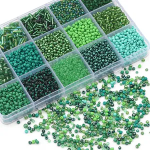 Green glass seed beads DIY kit in clear plastic storage box for jewelry making