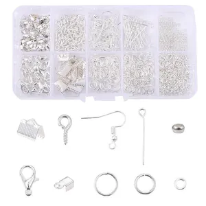 Silver jewelry making kit with lobster clasps and jump rings in a 10-grid storage box