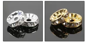 Detail of silver and gold plated rondelle spacer beads with micro-pave white zircons