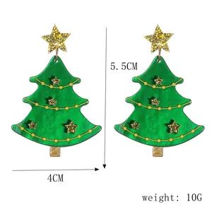 Detailed view of green Christmas tree earrings with size specs 5.5cm by 4cm