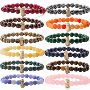 Natural Stone Beaded Bracelet With Penguin Pendant Tiger Eye Agate Weathered Stone Elastic Strand Bracelet For Unisex Jewelry