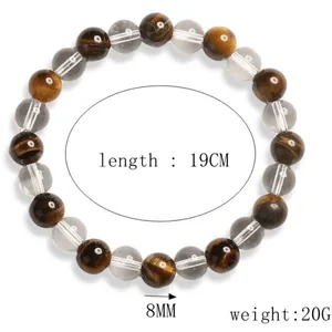 Détail d'un bracelet en perles d'œil de tigre et quartz 8mm, longueur 19cm et 20g