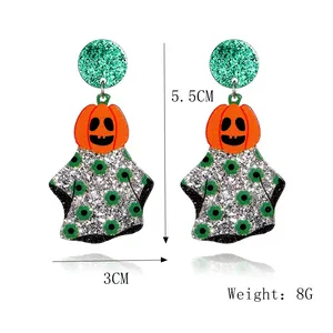 Glinsterende acryl Halloween pompoen oorbellen met afmetingen 5.5cm hoogte en 3cm breedte