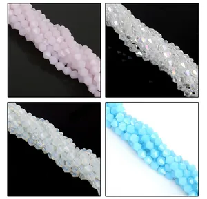 Macro display of faceted crystal glass beads in pink, blue and white for DIY jewelry