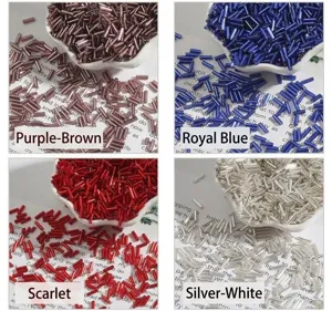 Detailed grid view of 2x7mm silver-lined bugle glass beads in four vibrant colors