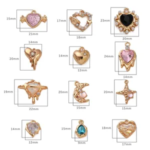 Set of 12 Y2K heart and star alloy pendants with colorful rhinestones for DIY jewelry