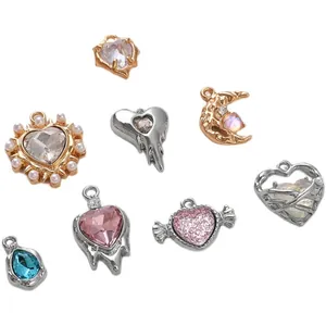 Variety pack of Y2K heart and moon alloy pendants with colorful crystals for DIY jewelry