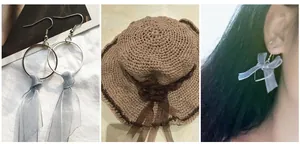 Détail de boucles d'oreilles en ruban de mousseline et chapeau de paille fait main