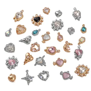 Y2K sweet heart and star alloy pendants with colorful rhinestones for DIY jewelry making