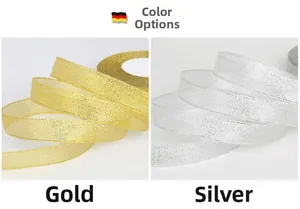 Detail view of shimmering gold and silver glitter ribbons for DIY gift wrapping and crafts