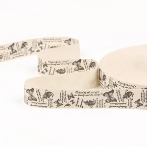 Ruban en coton vintage beige avec motif papillon noir et texte pour bricolage créatif