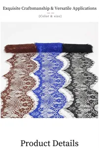 Detail of eyelash lace trim in dark brown, royal blue, and black for sewing crafts