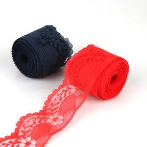 Deep blue and red 4cm floral lace ribbon with intricate hollow patterns for DIY sewing