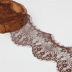 Dark brown eyelash lace ribbon with vintage floral embroidery for DIY sewing projects