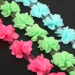 5cm 3D Chiffon Blumen Spitze in Rosa, Hellgrün und Himmelblau für DIY Bastelarbeiten
