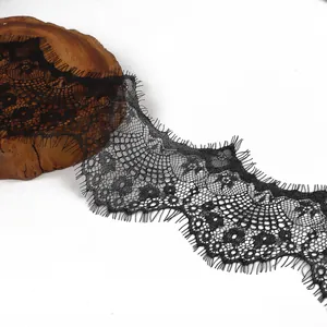 Detailed black eyelash lace trim for DIY sewing crafts with mesh floral pattern