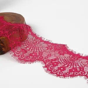 Fuchsia eyelash lace trim with floral embroidery and geometric mesh for DIY sewing projects