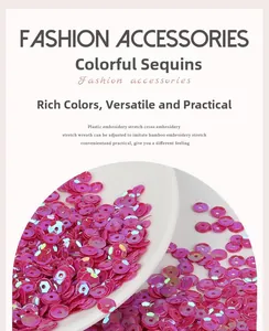 Detail of rose red iridescent sequins with central hole for DIY embroidery and crafts