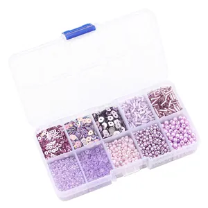 Purple DIY bead set with 10-grid storage box including sequins and imitation pearls