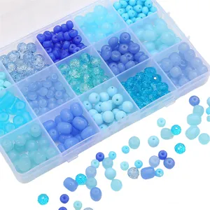 Set di perline di vetro blu per gioielli fai-da-te in scatola a 15 scomparti
