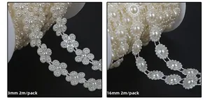 Dettaglio di nastri di perle da 3mm e 16mm per decorazione di abiti da sposa fai da te