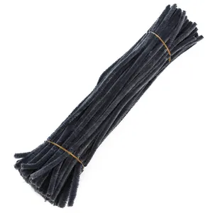 Close-up of bundled dark grey fuzzy pipe cleaners for DIY crafts on white background