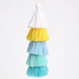 Five-layer gradient tassel pendant in white yellow blue mint green and teal cotton
