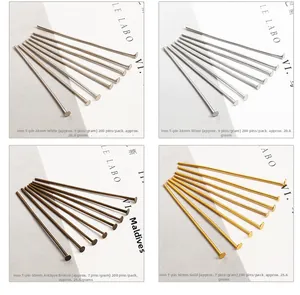 Iron T-pins set in gold, silver, and bronze for DIY jewelry making, 200pcs per pack