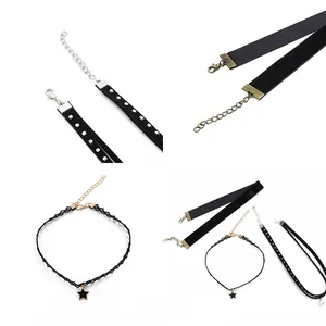 Driedelige zwarte choker-halsketting set met ster hanger en zilveren details