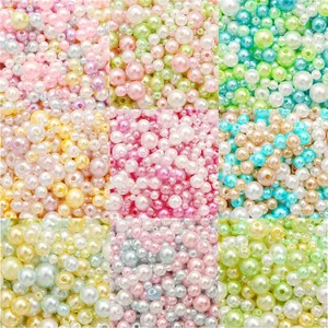 ABS Faux Artificial Pearl Round Beads Colorful Iridescent Luster Mixed Sizes For Jewelry Making DIY Handmade Craft Accessories Macaron Color Beads
