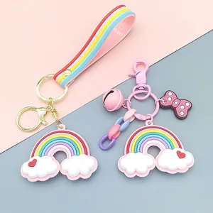 Sweet Cartoon Rainbow Cloud Keychain With Pink Bell Polka Dot Bow Colorful Plastic Chain Silicone Wrist Strap Bag Charm Pendant For Girls