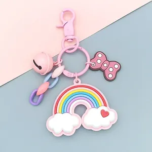 Cute rainbow cloud keychain with pink bow and bell for student schoolbag accessory