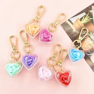 Heart Shaped Rose Preserved Flower Keychain With Golden Alloy Clasp Romantic Women Bag Pendant Valentine Day Gift Accessories