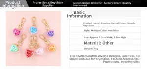 Detail view of 3.2cm heart-shaped preserved rose keychain with golden metal ring
