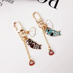 Japanese style koi fish koinobori metal keychain set with daruma and lucky cloud charms