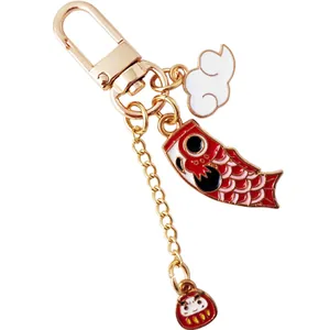 Japanese lucky koi fish keychain with red white enamel charms and golden D-ring buckle