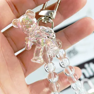 Porte-clés ours laser iridescent avec perles de cristal et fermoir argenté à la main