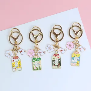 Japanese Style Sakura Omamori Keychain For Women Girls Cute Rabbit Artificial Pearl Cherry Blossom Alloy Enamel Lucky Cat Fortune Amulet Bag Pendant Car Keyring Gift