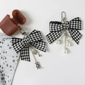 Houndstooth bow keychain with bear pendant and pearls for phone cases and earphones