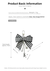 Detail view of black and white checkered bow keychain with silver bear charms and dimensions
