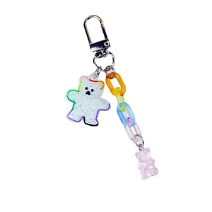 Cute acrylic bear keychain with rainbow glitter pendant and colorful plastic link chain