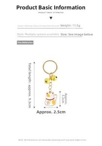 Tableau des tailles d'un porte-clés chat chanceux avec dimensions de 9,3cm et 11,5g