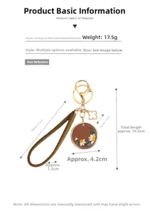 Detailed size chart for the retro leather keychain featuring floral embroidery details