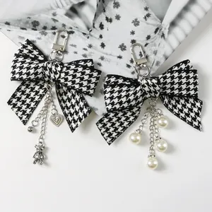 Korean Vintage Houndstooth Fabric Bowknot Keychain With Bear Heart Pendant Rhinestone Artificial Pearl Bag Charm Metal Keyring Gift For Women