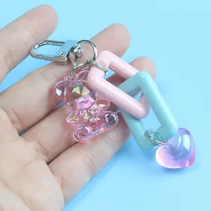 Cute Korean pink bear keychain with acrylic heart pendant and colorful links for bags