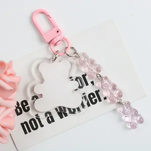Pink bear keychain with acrylic pendant and resin gummy bears for backpack decor