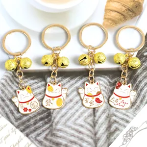 Lot de porte-clés chat porte-bonheur avec cloches dorées et caractères chinois fétiches