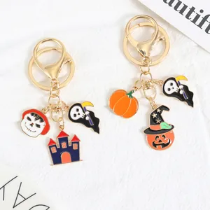 Halloween metal keychain set with pumpkin, skull and wizard hat enamel pendants